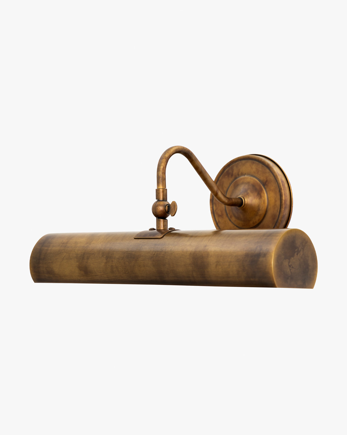 The Gallery Picture Sconce features a vintage-inspired curved arm and cylindrical shade in burnished bronze, creating an antique look ideal for highlighting artwork or photos, by McGee & Co.