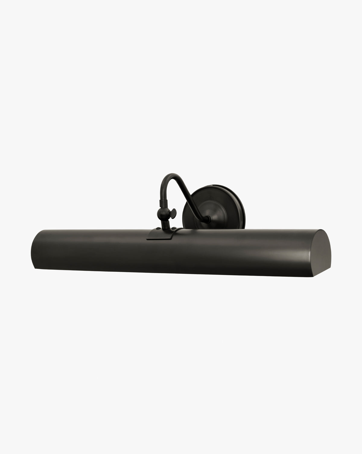 The Gallery Picture Sconce is a vintage-inspired black wall light with a cylindrical shade and curved arm, perfect for illuminating artwork or photos, by McGee & Co. Shown against a plain white background.