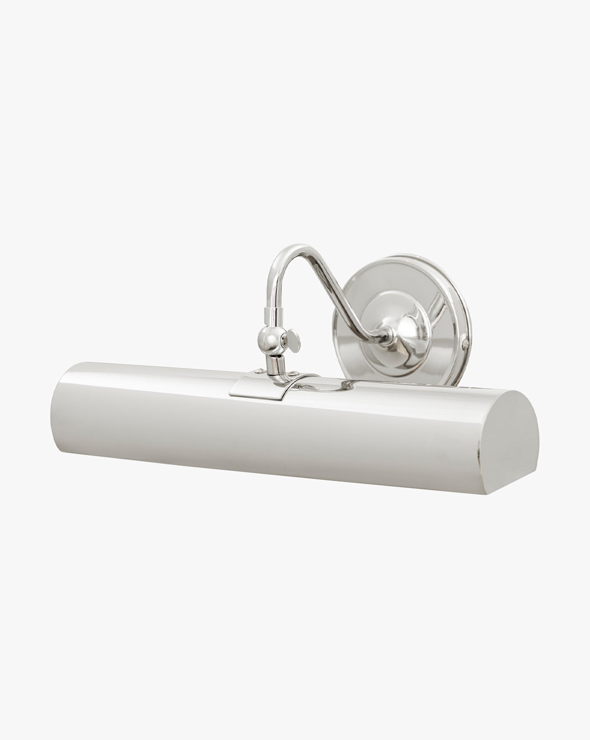 The Gallery Picture Sconce is a vintage-inspired wall light with a cylindrical shade, curved arm, and round polished chrome plate, designed to illuminate artwork by McGee & Co.
