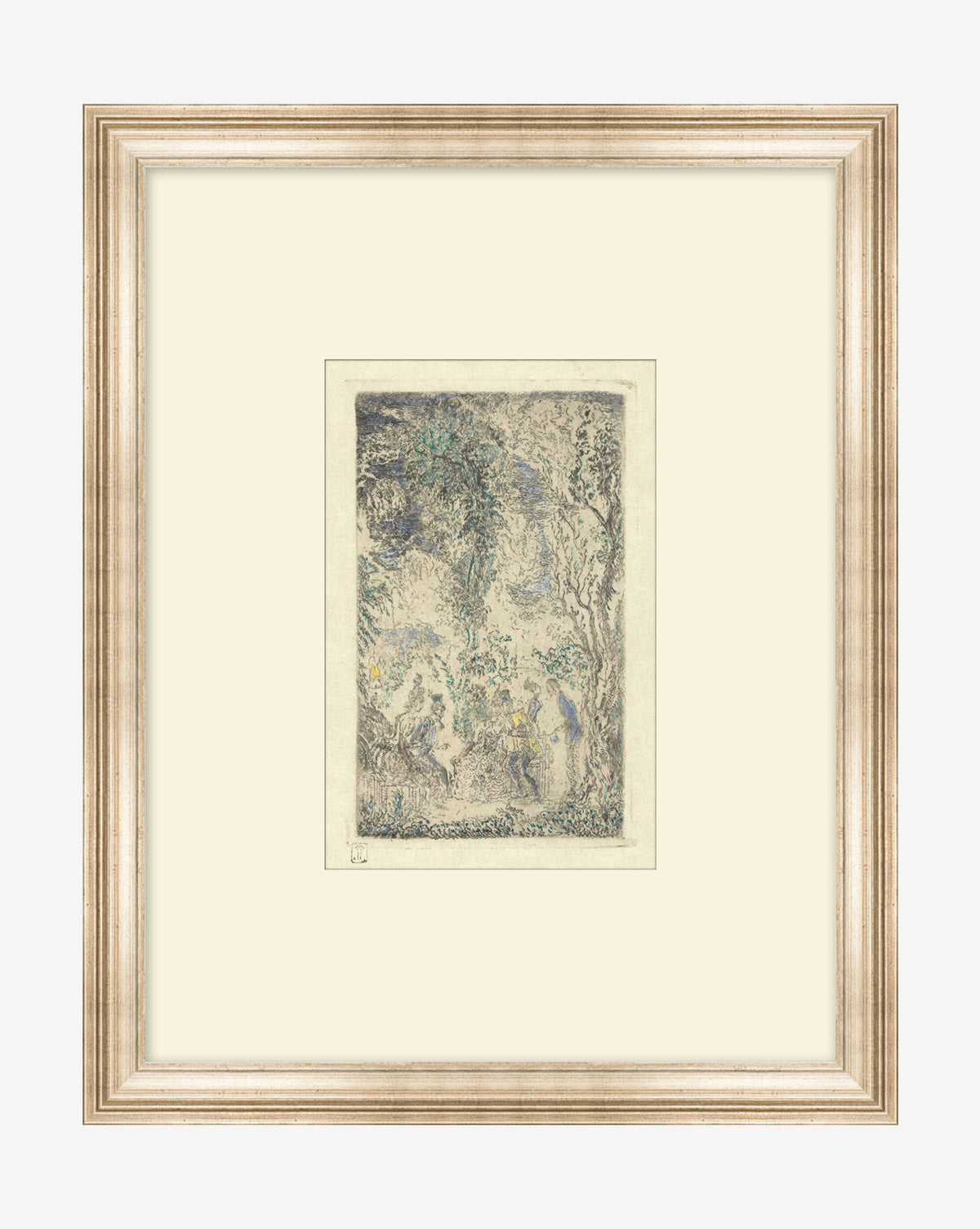 Garden Party Gallery is a framed artwork showcasing a delicate etching of a garden scene with trees and subtle human figures, rendered in soft earthy tones on a cream mat with a light wood frame, by McGee & Co.