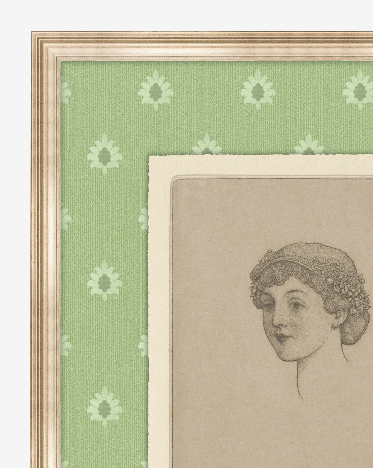 Garden Party Portrait is a museum-quality framed giclee print showcasing a pencil drawing of a womans head with a floral headdress against green, lightly patterned wallpaper. Part of the matte artwork and frame are shown by McGee & Co.
