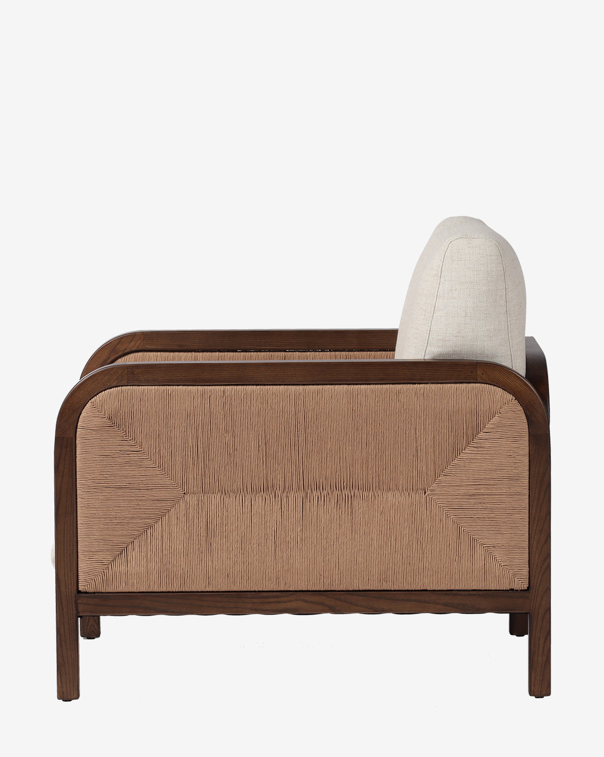 The Garvey Lounge Chair is a modern sofa made of solid ash, featuring a woven backrest and sides with upholstered beige cushions, shown from the back on a white background by McGee & Co.