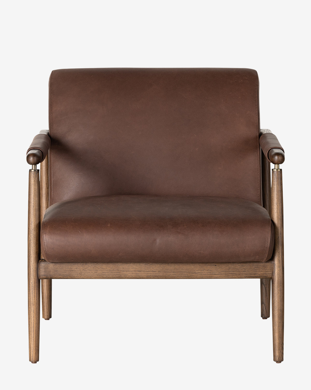 Front view of the Gaston Lounge Chair, highlighting its minimalist modern design with a solid ash wood frame and top-grain leather upholstery, set against a plain white background, by McGee & Co.