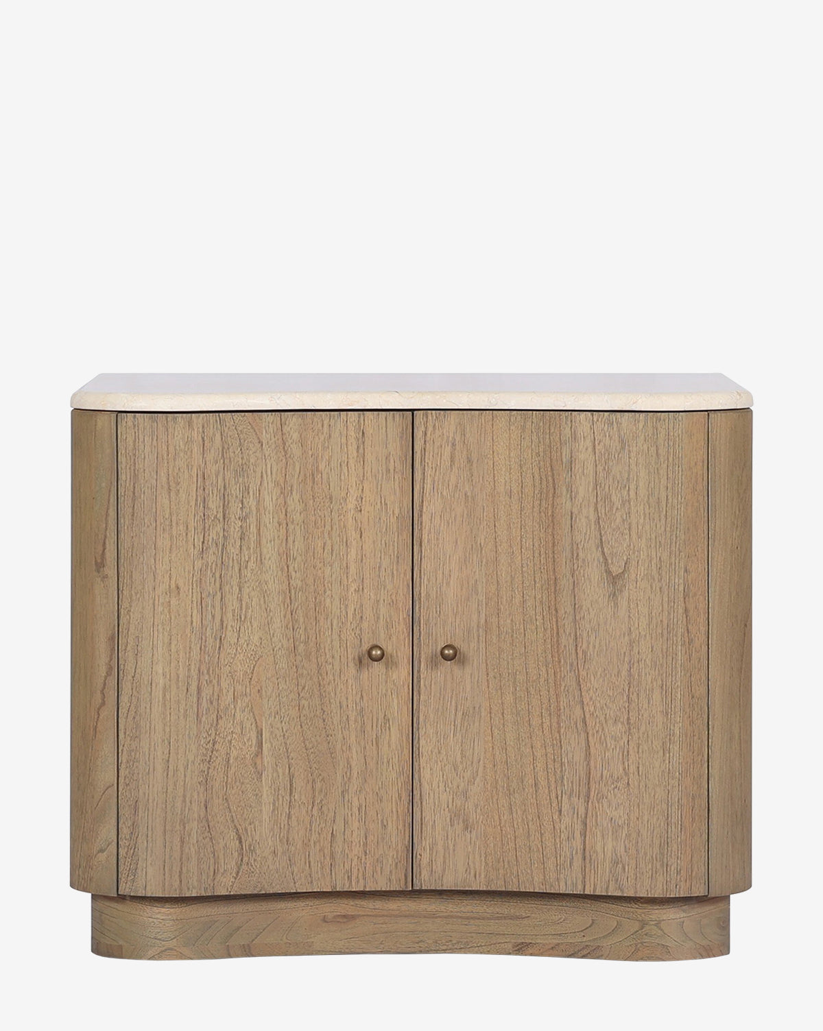 The Gatlin Nightstand is a compact, lightweight solid mindi wood cabinet with two doors, round knobs, and a curved base. Its smooth surface and visible grain make it perfect for bedside storage by McGee & Co.
