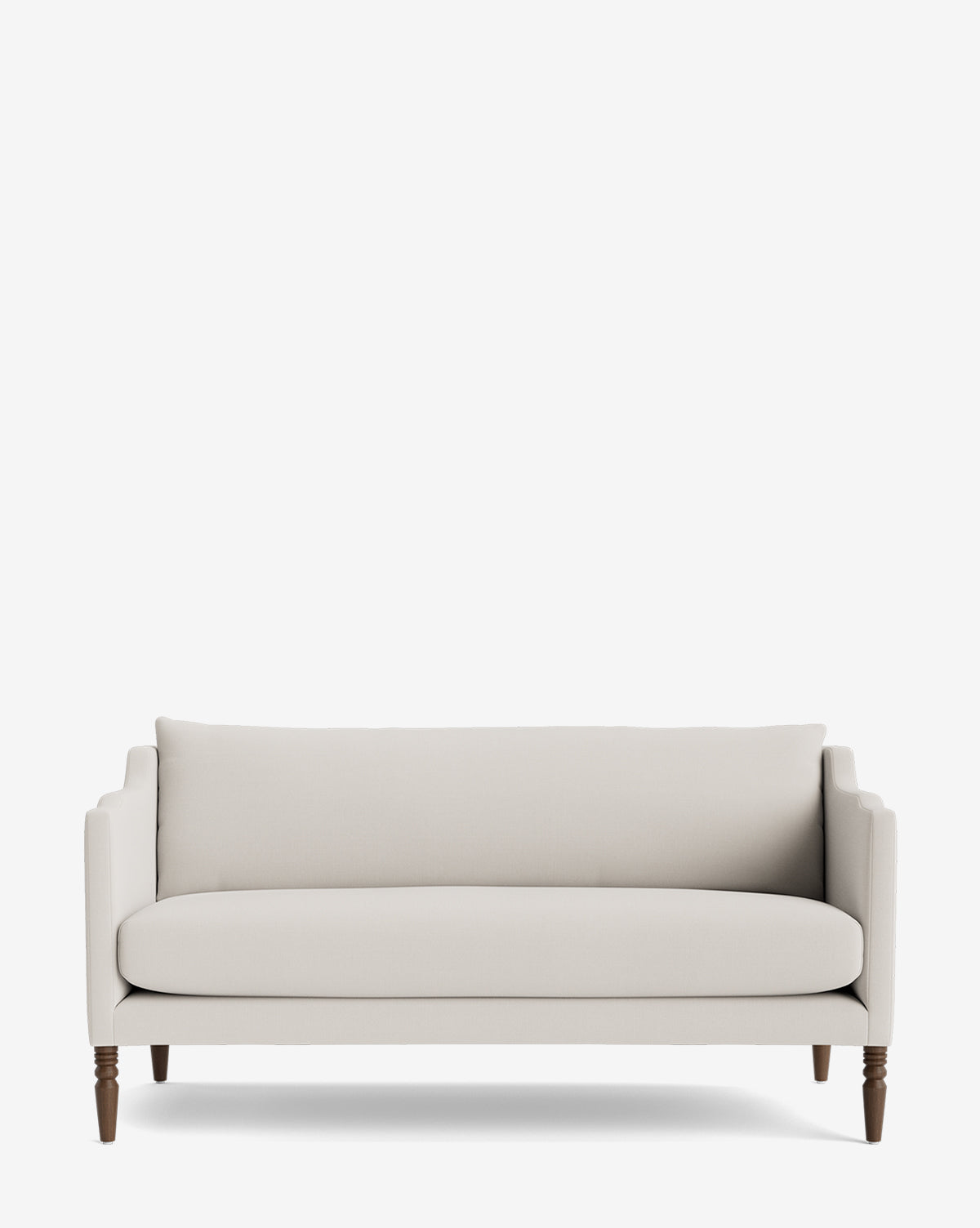The Gemma Settee 65 is a minimalist beige upholstered sofa with a straight back, square armrests, dark wooden legs, and high-quality fabric, pictured against a plain white background by McGee & Co.