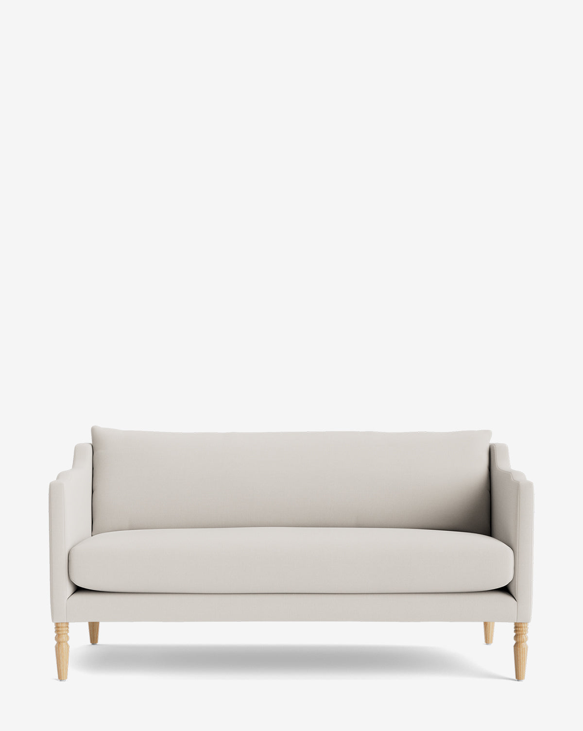 The Gemma Settee 65 in light beige with wooden legs features a timeless design, straight arms, and a single back cushion, shown against a plain white background by McGee & Co.
