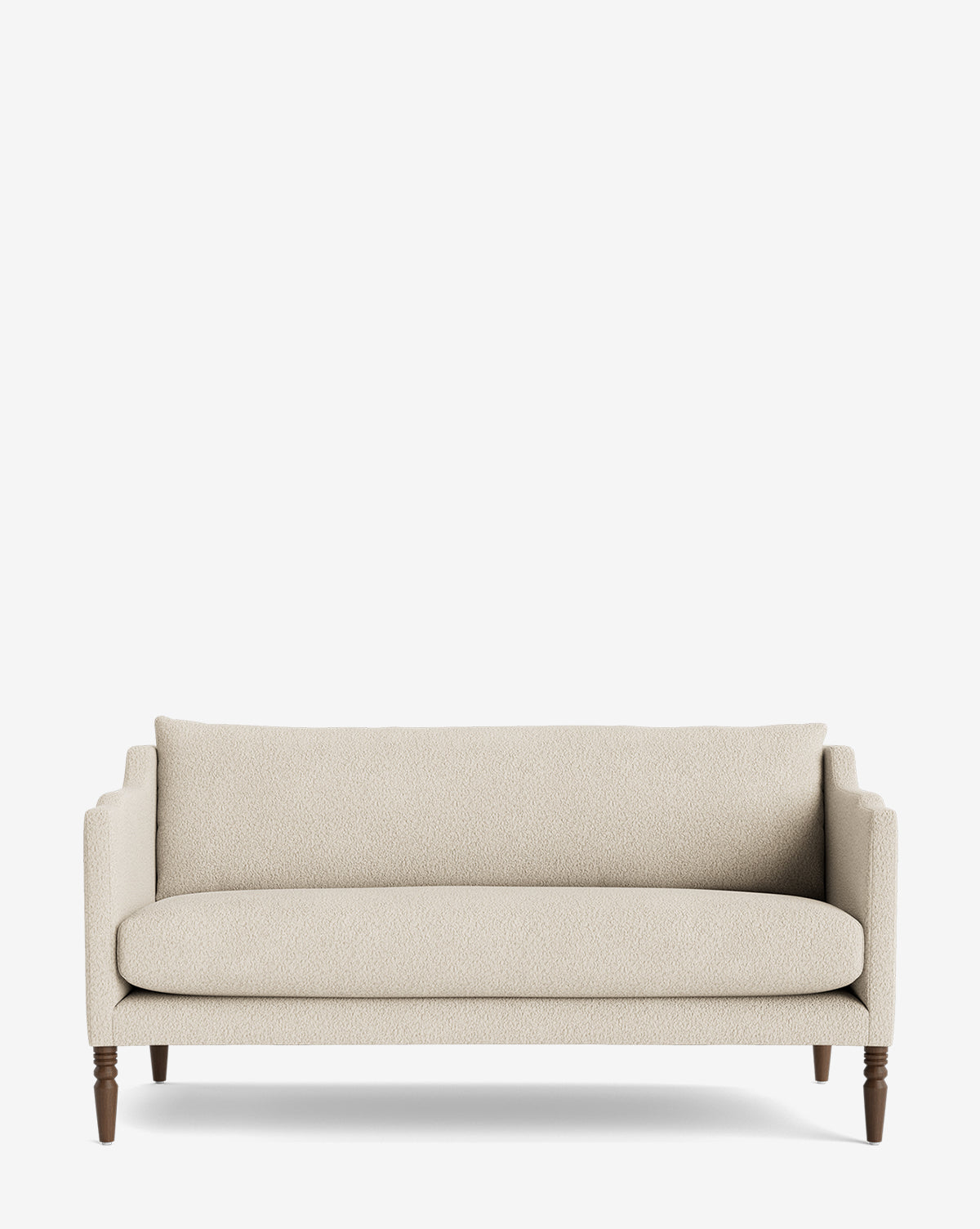 The Gemma Settee 65 features a beige upholstered finish, cushioned backrest, straight arms, and dark wooden legs. Crafted from high-quality fabric, it offers a timeless design ideal for any living space and is shown against a plain white background by McGee & Co.