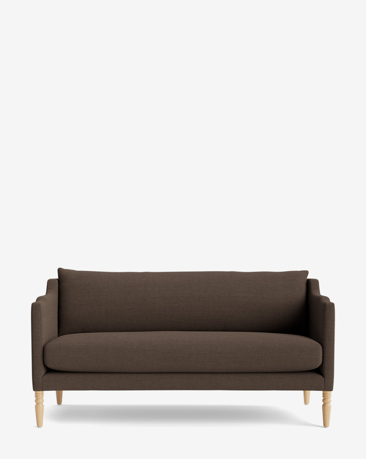The Gemma Settee 65 features dark brown high-quality fabric, straight arms, a single seat cushion, and two front wooden legs, by McGee & Co. Its simple, timeless design stands out against a plain white background.
