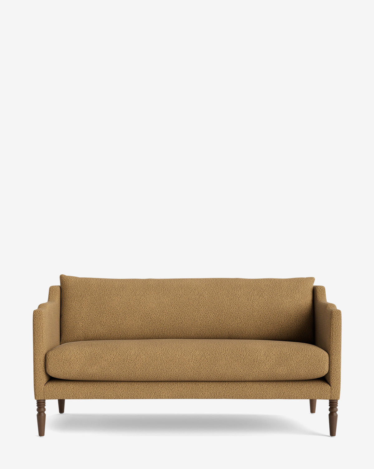 The Gemma Settee 65 is a brown fabric-upholstered sofa featuring straight arms, a cushioned back, dark wooden legs, and a timeless design set against a plain white background by McGee & Co.