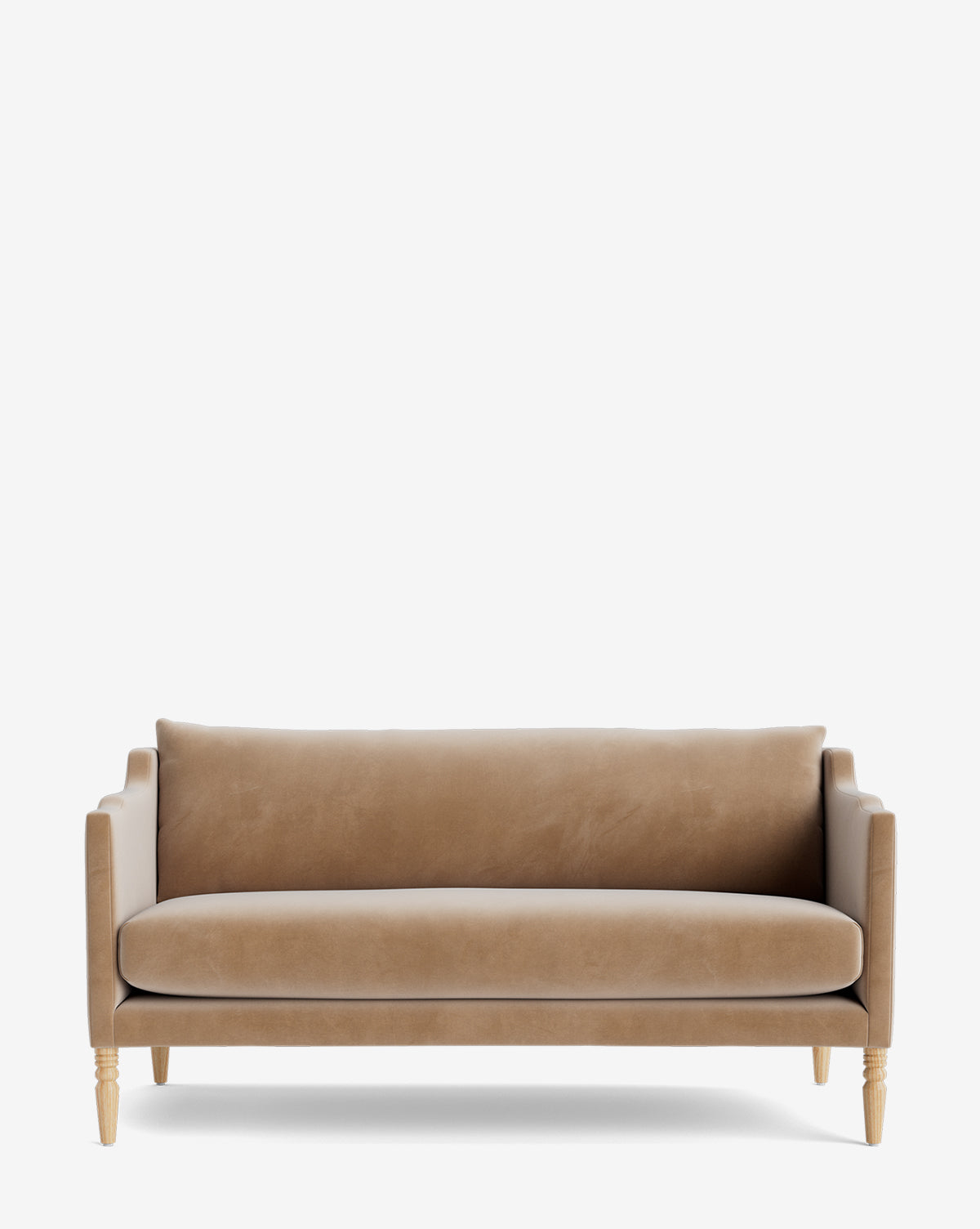 The Gemma Settee 65 showcases timeless design with clean lines, low arms, cushioned seat and backrest, high-quality fabric upholstery, and light wooden turned legs against a plain white background by McGee & Co.