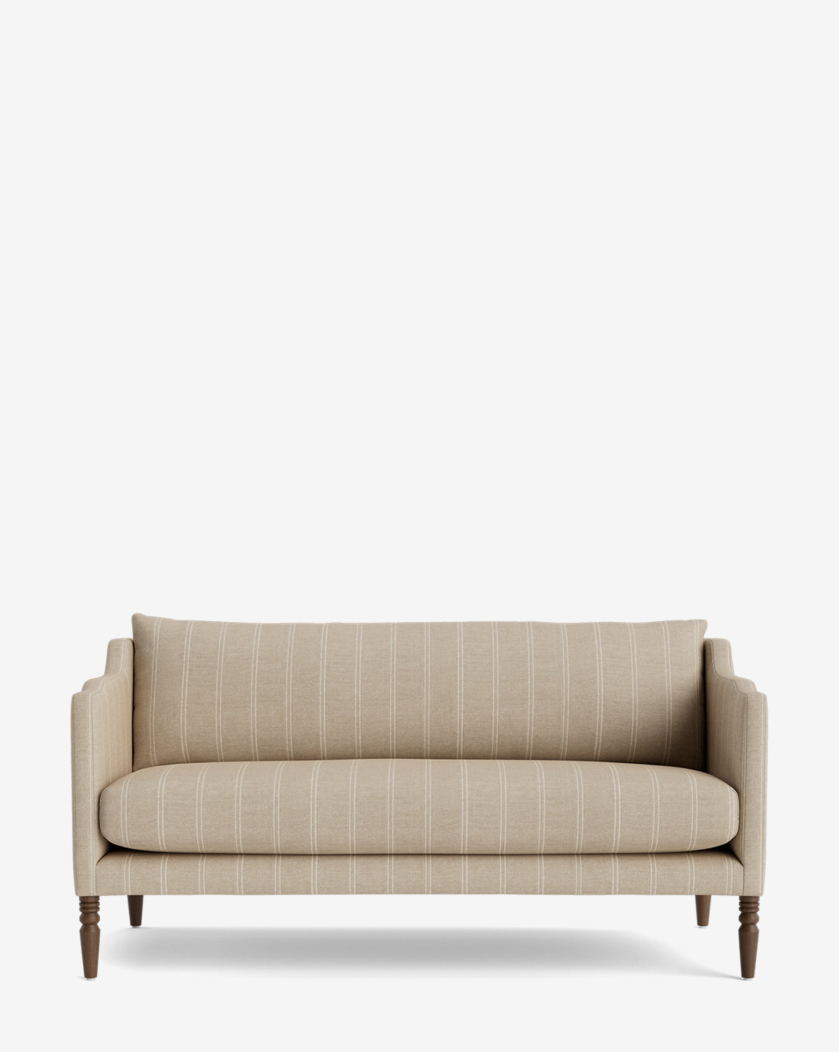 The Gemma Settee 65 showcases a timeless design with beige upholstery in white vertical stripes, quality fabric, wooden legs, and a single back cushion, displayed against a plain white background by McGee & Co.