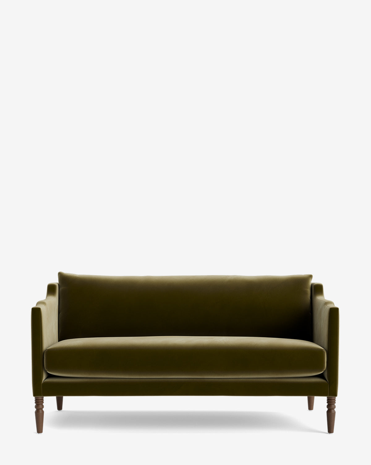 The Gemma Settee 65 showcases olive green high-quality fabric, slim armrests, a single back cushion, and four dark wooden legs—all set against a plain white background for a timeless look by McGee & Co.