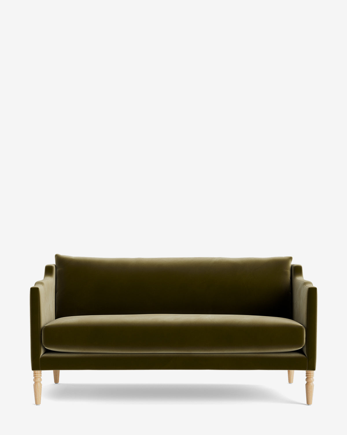 The Gemma Settee 65 is a modern olive green velvet sofa with premium fabric, slim arms, a single seat cushion, and light wood legs, displayed against a plain white background by McGee & Co.