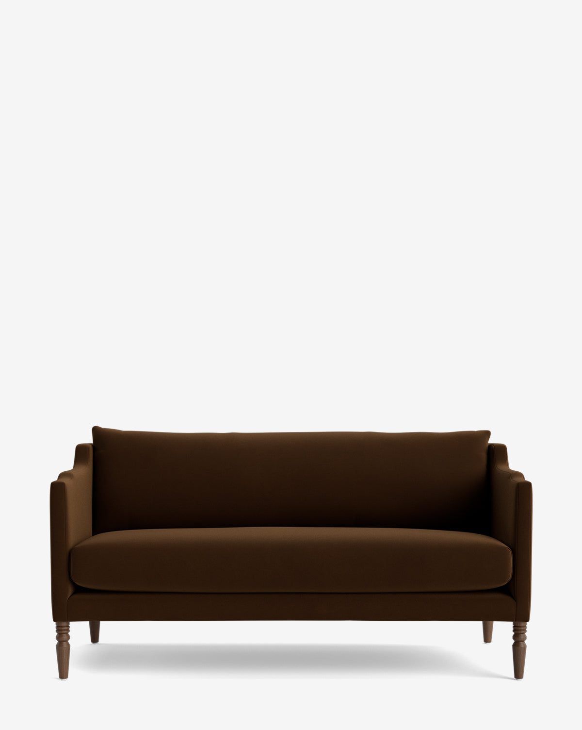 A dark brown Gemma Settee 65 two-seater with straight arms and wooden legs, upholstered in high-quality fabric, shown against a plain white background by McGee & Co.