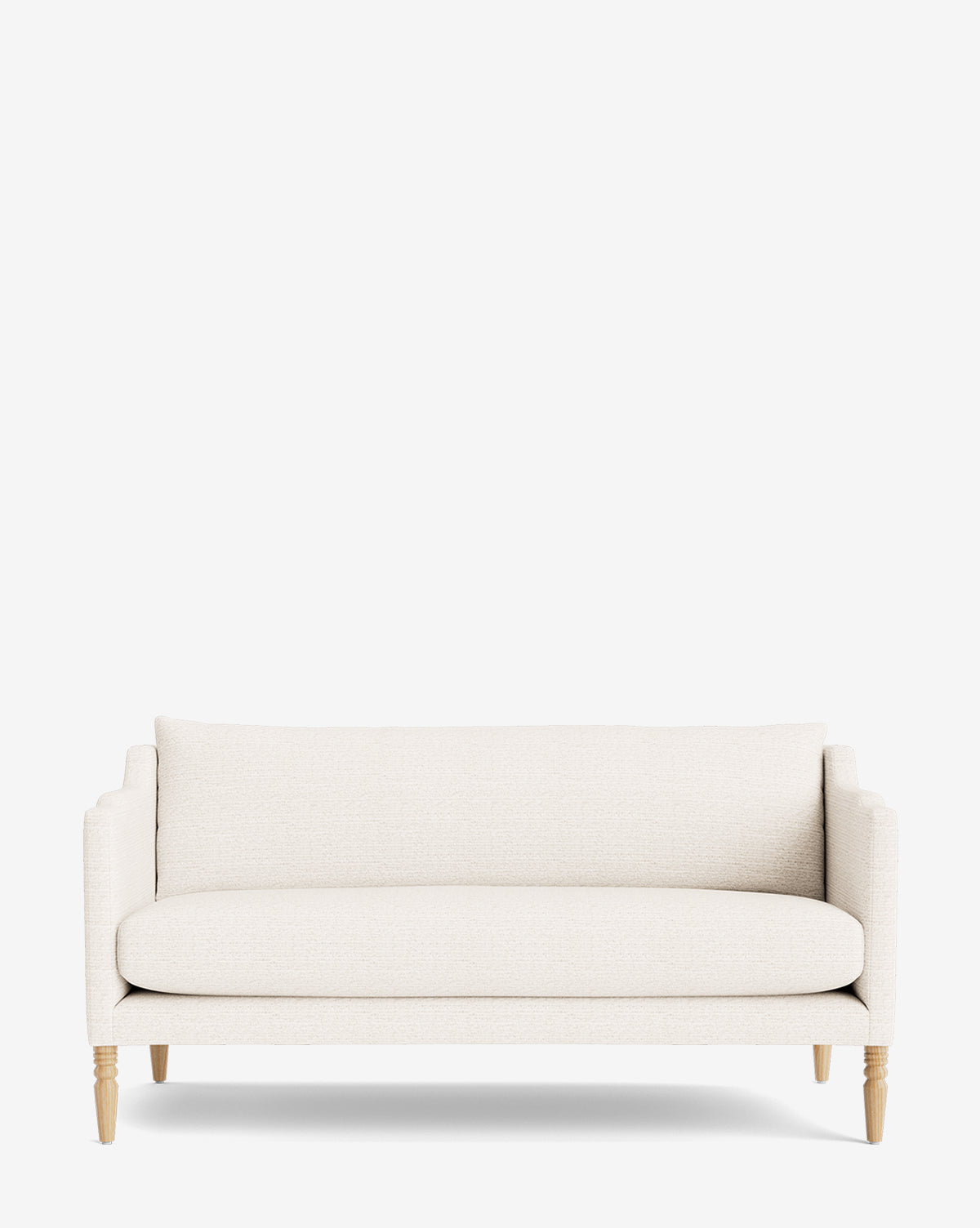 Create awe with the Gemma Settee 
 a modern settee in crisp white with slim cushioned arms and wooden legs from McGee & Co.