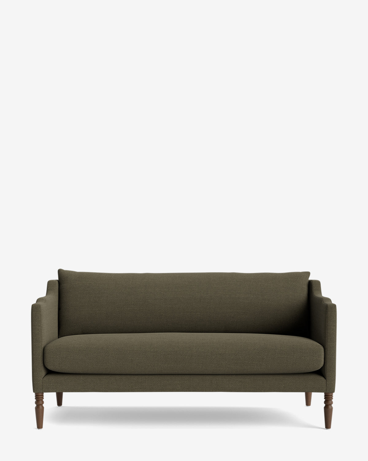 The Gemma Settee 65 in dark green fabric features straight armrests, a single seat cushion, and wooden legs, displayed against a plain white background by McGee & Co.