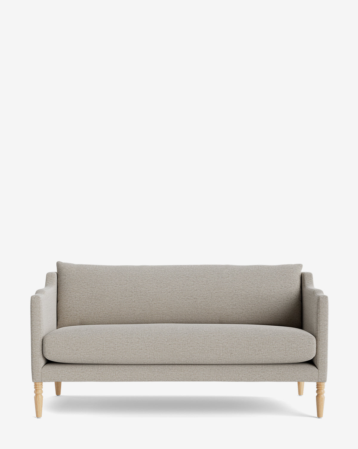 The Makerspalm Gemma Settee 65 is a modern, light gray upholstered sofa with a straight back, slender armrests, and light wooden legs—showcasing timeless style against a plain white background. McGee & Co.