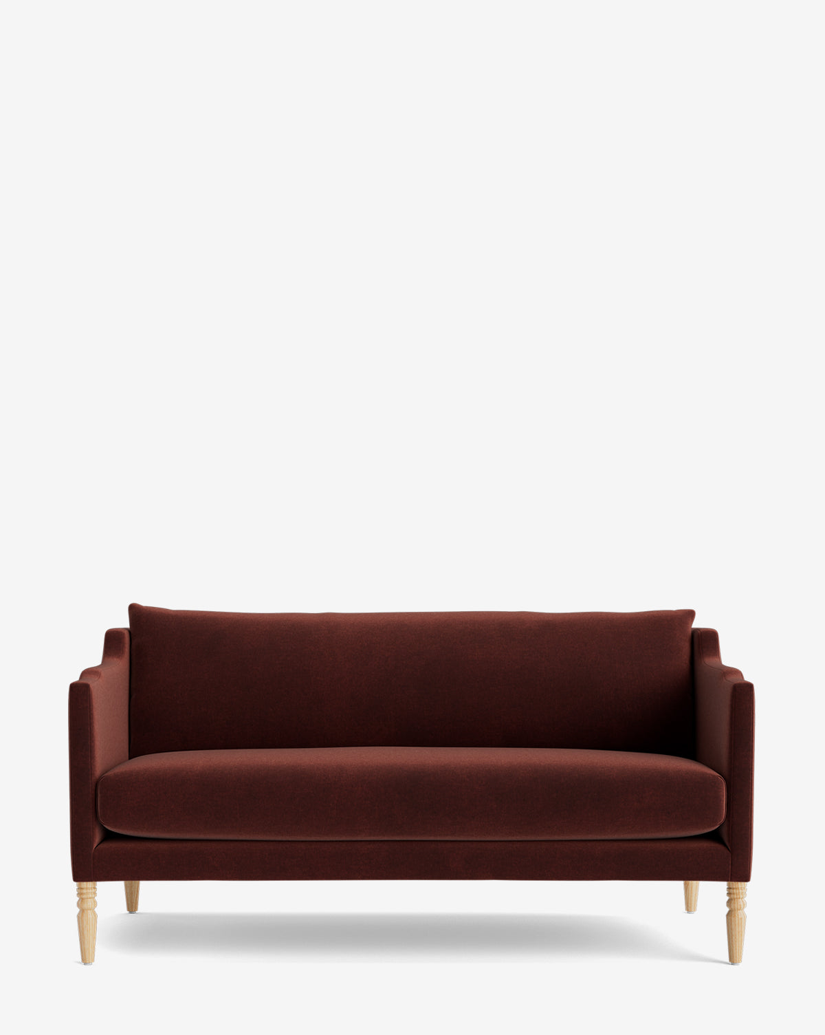 The Gemma Settee 65 features a modern design with clean lines, dark brown high-quality fabric, a cushioned backrest, and light wooden legs—timeless style set against a plain white background, by McGee & Co.