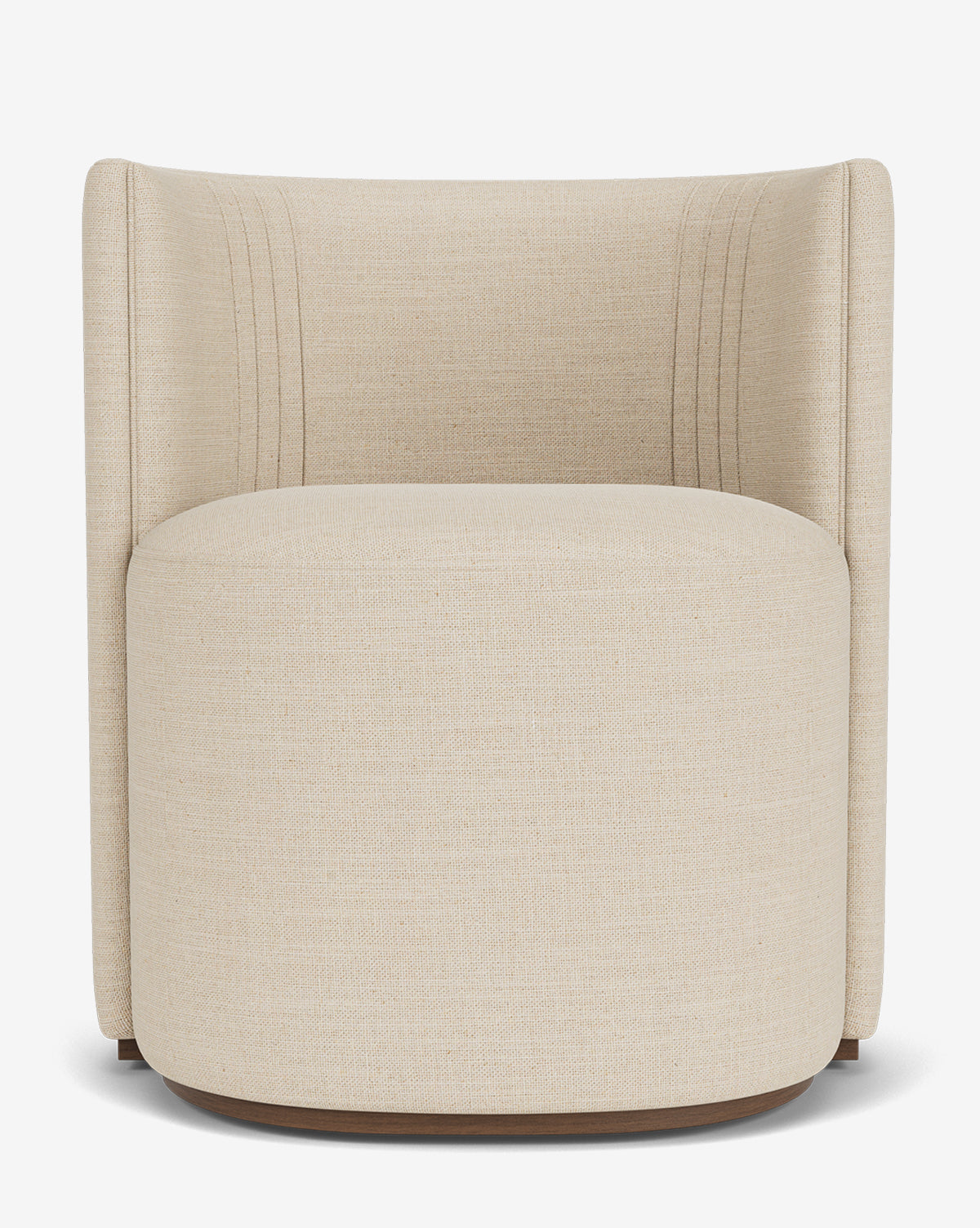 The Georgina Dining Chair is a modern, beige upholstered swivel chair with a curved backrest and subtle stitched details, evoking designer upholstery and art deco style, displayed against a plain white background by McGee & Co.