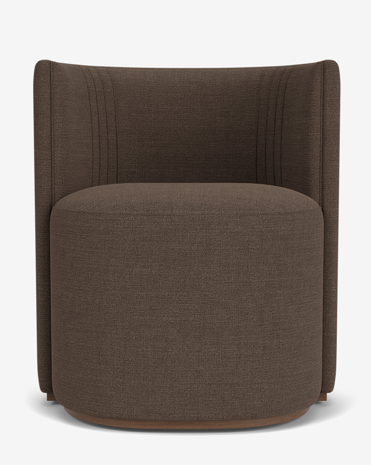 The Georgina Dining Chair is a modern, barrel-shaped swivel chair with dark brown designer upholstery, a curved backrest with subtle stitched detailing, and a rounded, cushioned seat, by McGee & Co.
