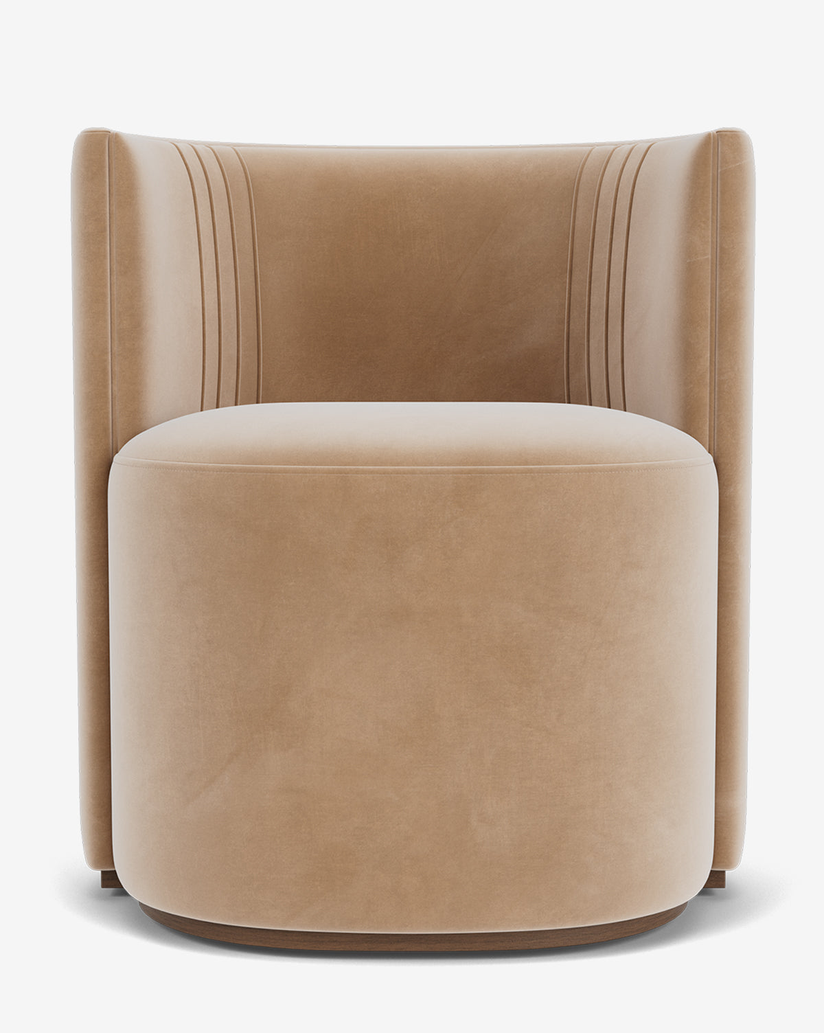 The Georgina Dining Chair is a modern tan velvet swivel chair with designer upholstery, a rounded padded seat, curved backrest with subtle stitched lines, and a hidden base for a plush, minimalist art deco-inspired look, by McGee & Co.