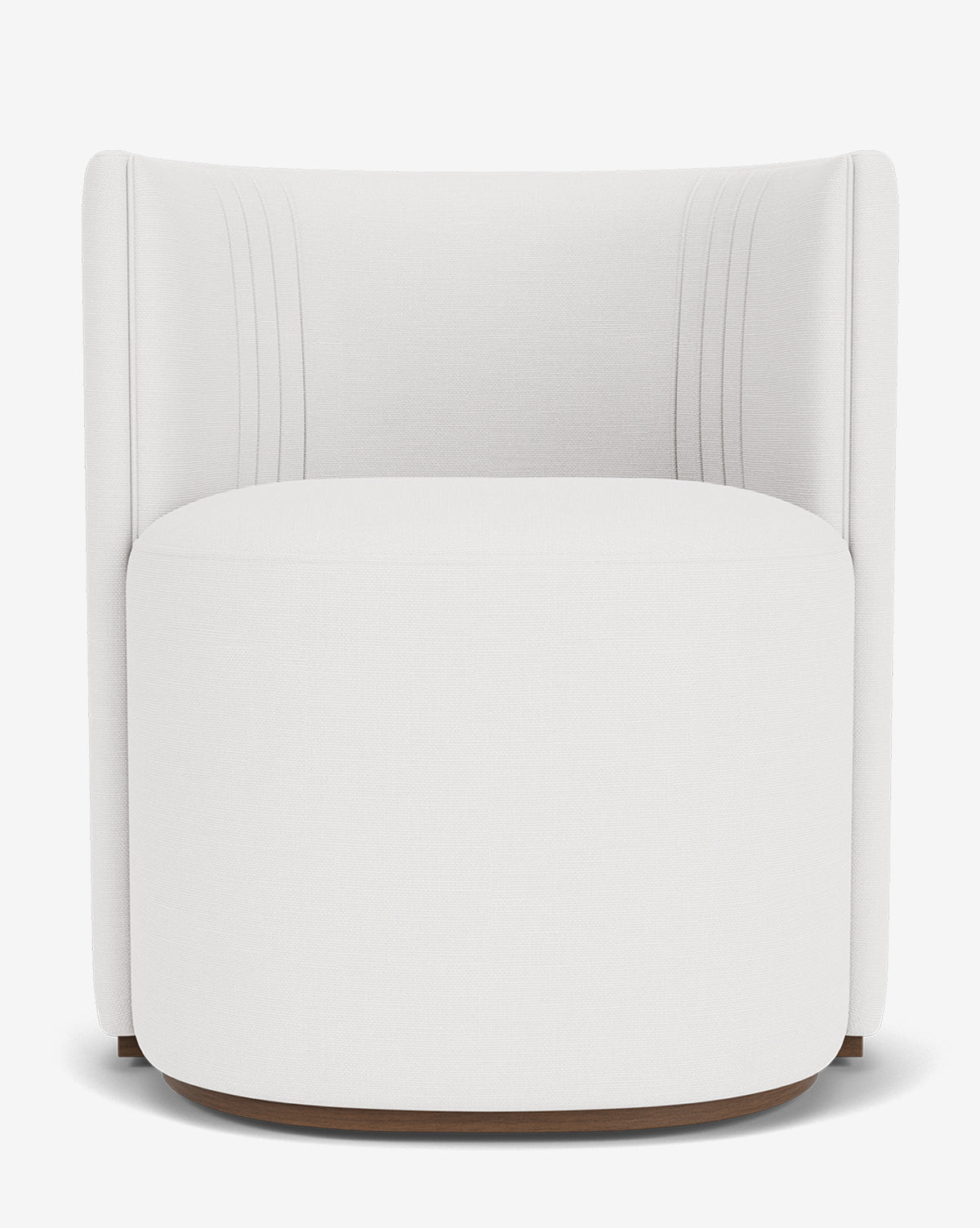 The Georgina Dining Chair is a modern white chair with designer upholstery, a curved backrest, subtle vertical stitching, and a wooden base, shown against a plain white background by McGee & Co.