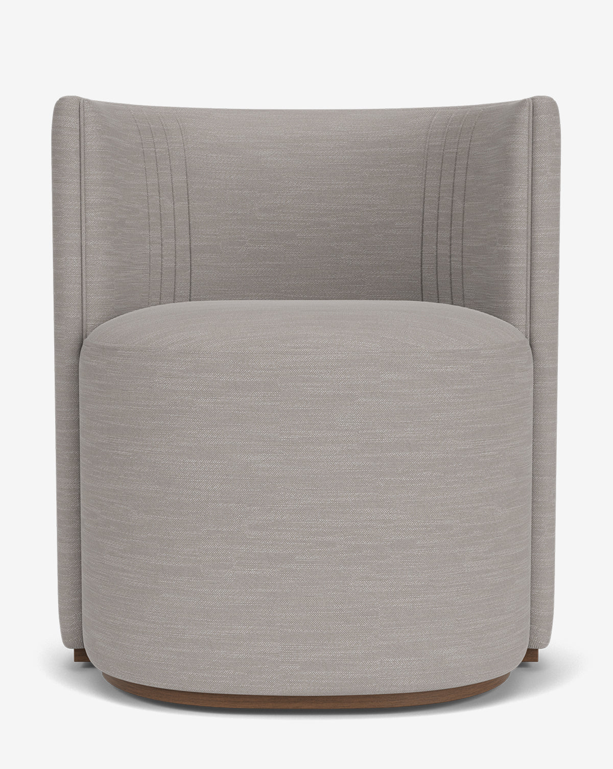 The Georgina Dining Chair features a modern barrel-shaped design with light gray designer upholstery, smooth lines, and subtle vertical stitching on the inner backrest, bringing art deco style to any space against a plain white background by McGee & Co.
