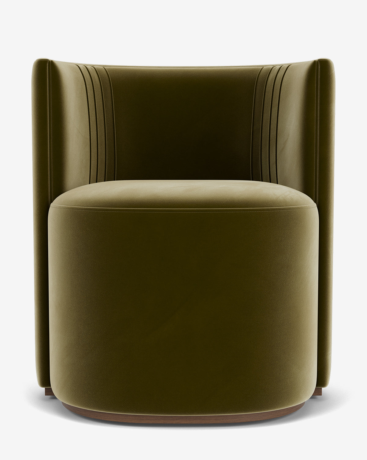 The Georgina Dining Chair is a modern olive green velvet accent chair with designer upholstery, vertical stitched backrest, rounded base, and minimalist design, shown from the front against a white background by McGee & Co.