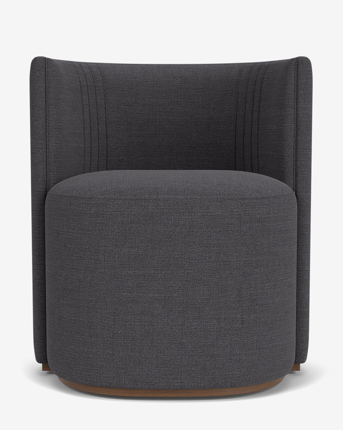 The Georgina Dining Chair, shown from the front against a plain white background, features modern designer dark gray fabric upholstery, a rounded base, and art deco-inspired styling with swivel functionality, by McGee & Co.