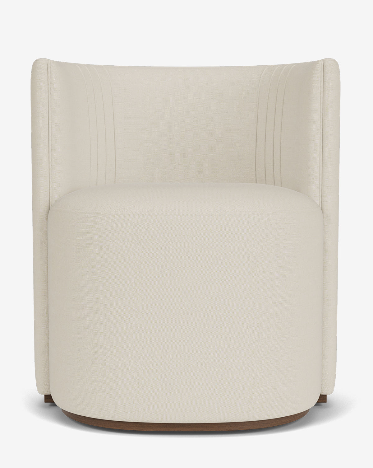 Front view of the Georgina Dining Chair—a modern, cream upholstered swivel chair with designer fabric, a curved back featuring subtle vertical stitching, and a round wooden base—shown against a white background by McGee & Co.