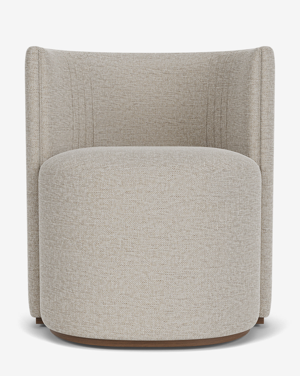 The Georgina Dining Chair is a modern, barrel-shaped armchair with light beige designer upholstery, subtle stitched details, a rounded back and seat, art deco styling, and rests on a low circular wooden base, by McGee & Co.