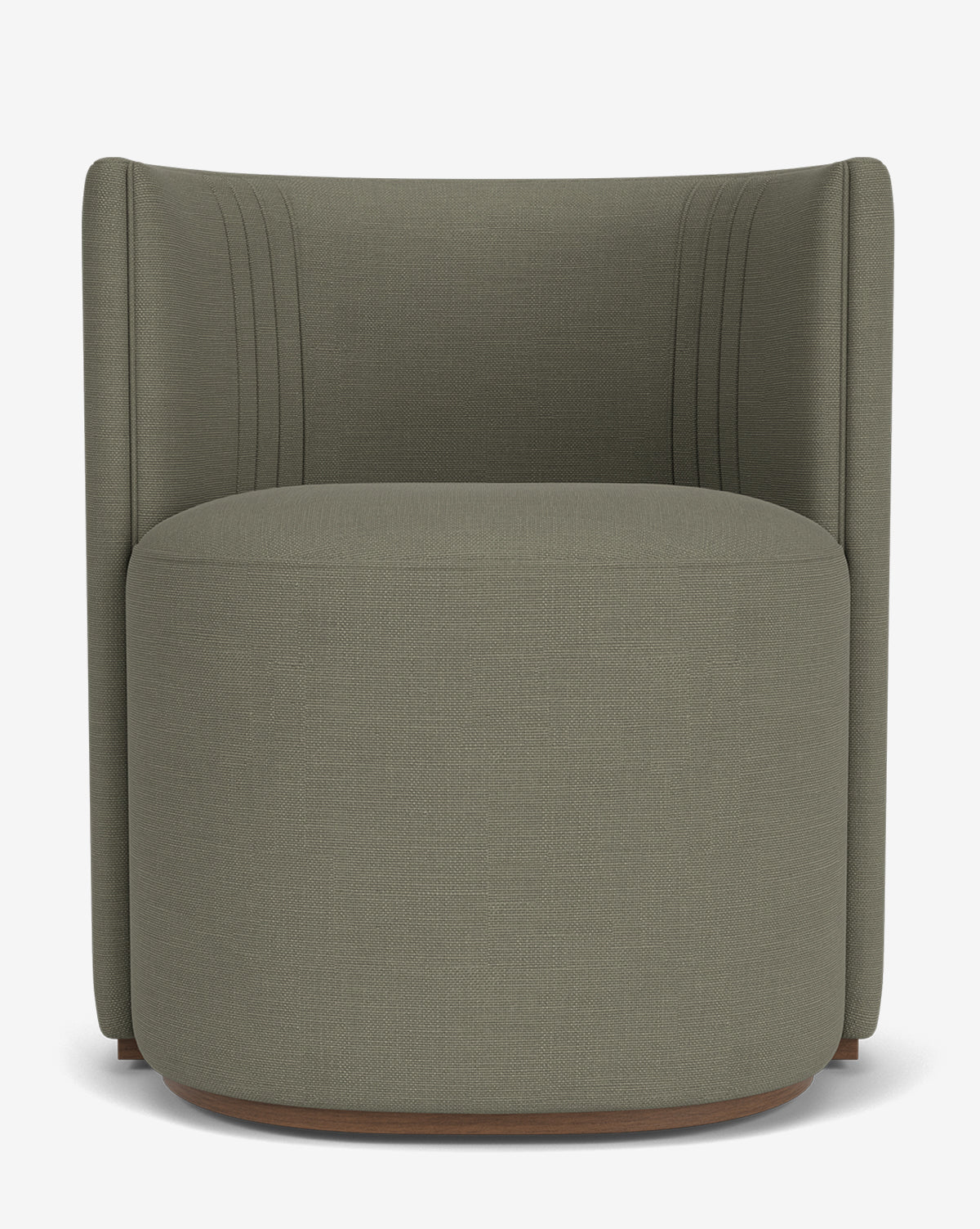 The Georgina Dining Chair is a modern olive-green piece with designer upholstery, a rounded seat, vertical-stitched backrest, and wooden base, displayed on a white background by McGee & Co.