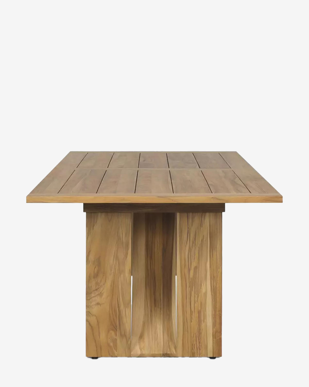 The Glenmore Outdoor Dining Table features a square slatted teak wood top and a wide, sturdy base made of vertical panels, displayed against a plain white background by McGee & Co.