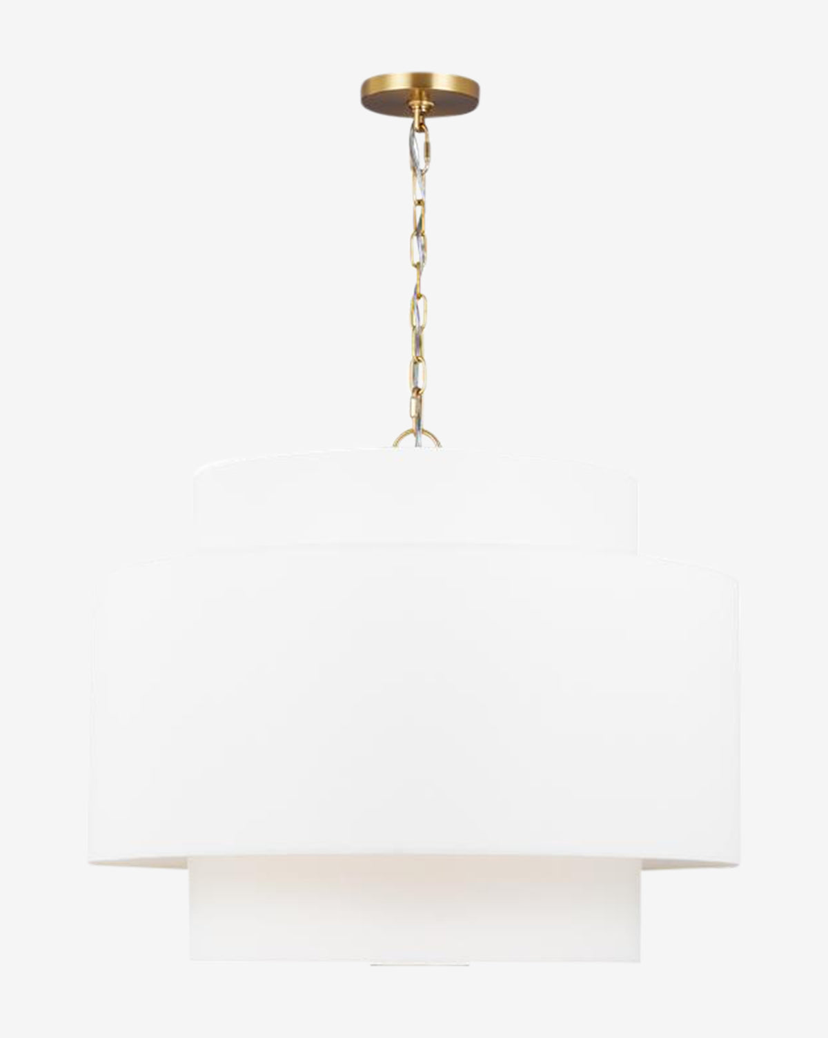 The Glennon Pendant by Visual Comfort Studio – Generation Lighting features a modern white layered shade, suspended by a gold chain and ceiling mount—an elegant lighting choice for any space. McGee & Co.