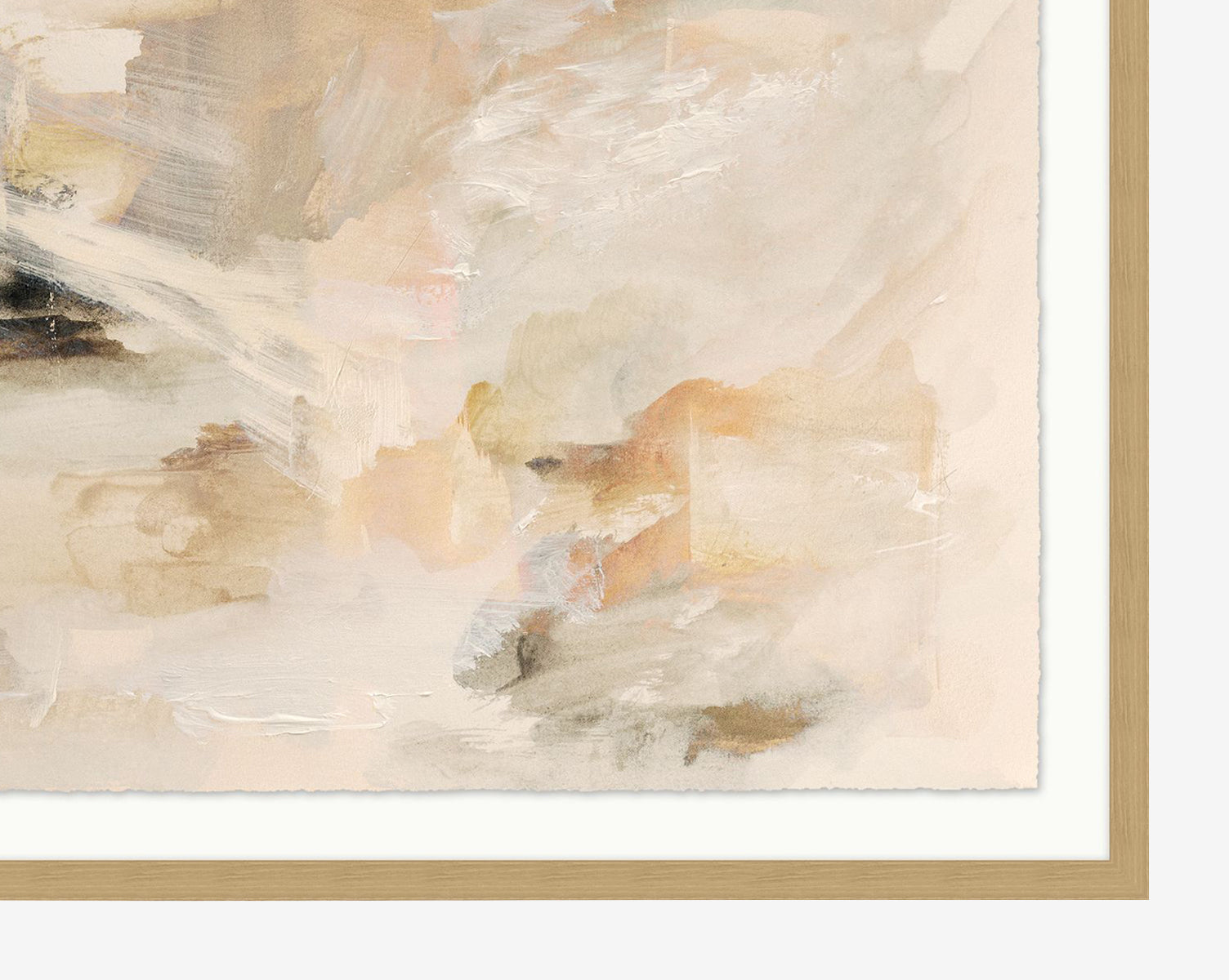 Golden Flora features soft beige, peach, and white brushstrokes with blurred shapes and gentle blending. This giclee print comes framed in light wood with a white mat for a modern, minimalist look by McGee & Co.