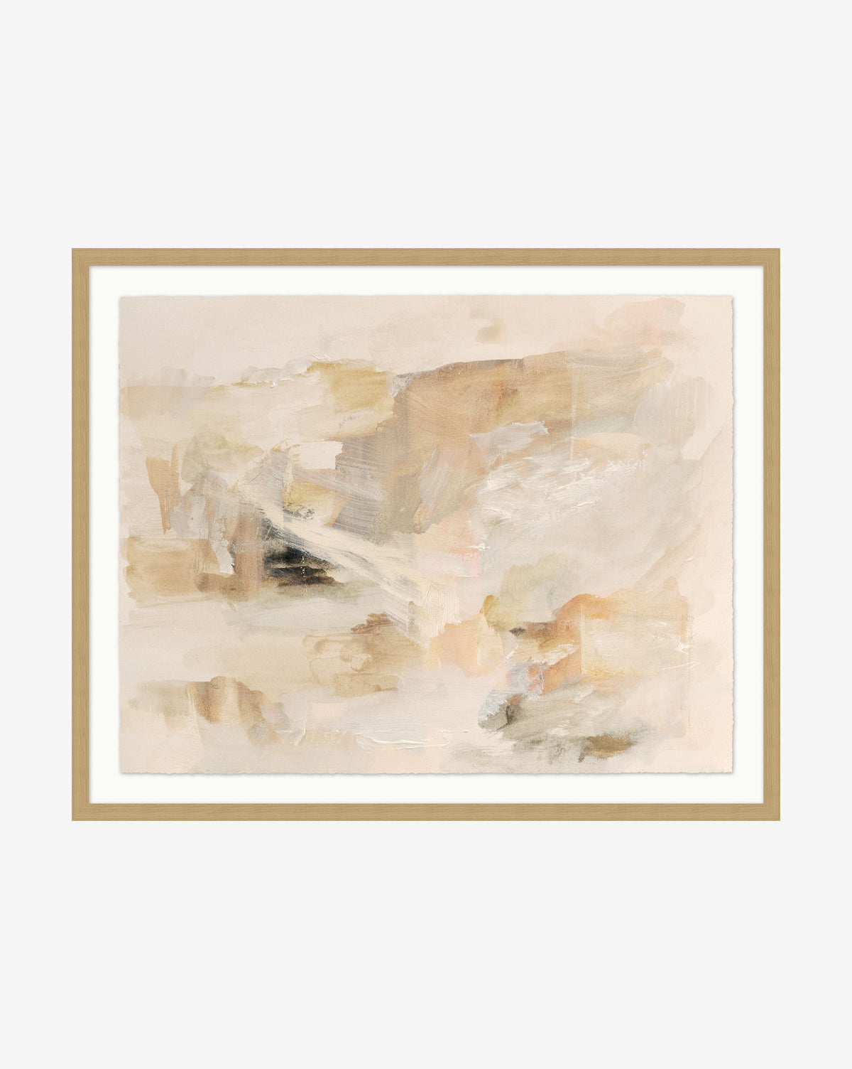 Golden Flora: A giclee print featuring abstract art in beige, cream, and light brown hues with soft, layered brushstrokes. Framed in simple light wood and set against a white background—ideal for adding elegance to any space, by McGee & Co.