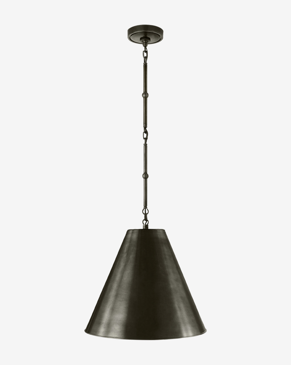 The Goodman Pendant features a wide conical black metal shade with antique brass accents, suspended by a chain and round ceiling mount, by McGee & Co. Its stylish design adds elegance to any home setting against a plain white background.