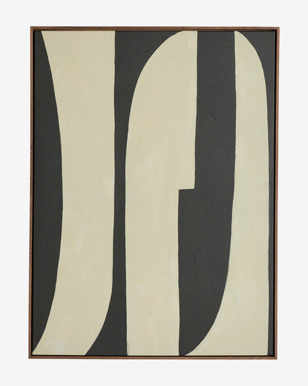 Grecco I by Jess Engle features large, curved beige and black shapes on a square matte-wrapped canvas with a thin walnut gallery floater frame. Its bold, minimalist design makes it a striking modern accent for any space, by McGee & Co.