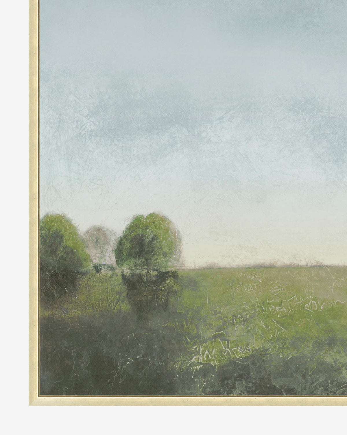 Green Prairie is a framed canvas art piece depicting a tranquil landscape of green trees and grassy fields beneath a cloudy sky, rendered in soft, muted colors with an impressionistic texture and set in an antique silver wood frame.