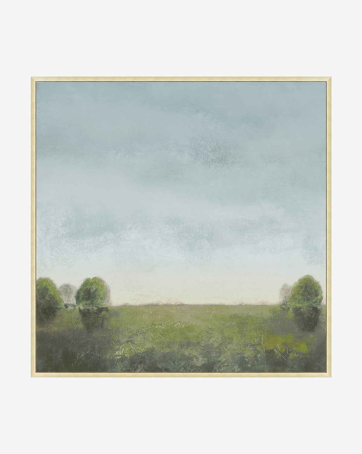 Green Prairie is a minimalistic framed canvas art featuring a serene grassy field, green trees, and a soft blue sky. It comes in an elegant antique silver wood frame for a calming touch to any space.