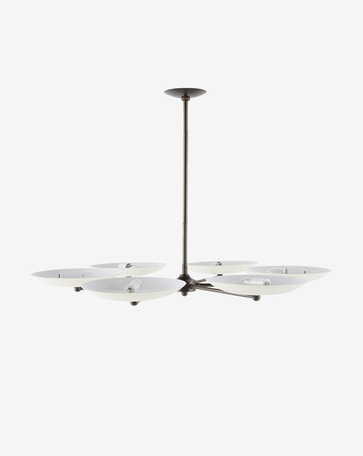 The Arteriors Griffith Chandelier features six wide, shallow white glass shades in a circular design, each set on slender black metal arms attached to a central rod—an elegant, modern statement piece. McGee & Co.