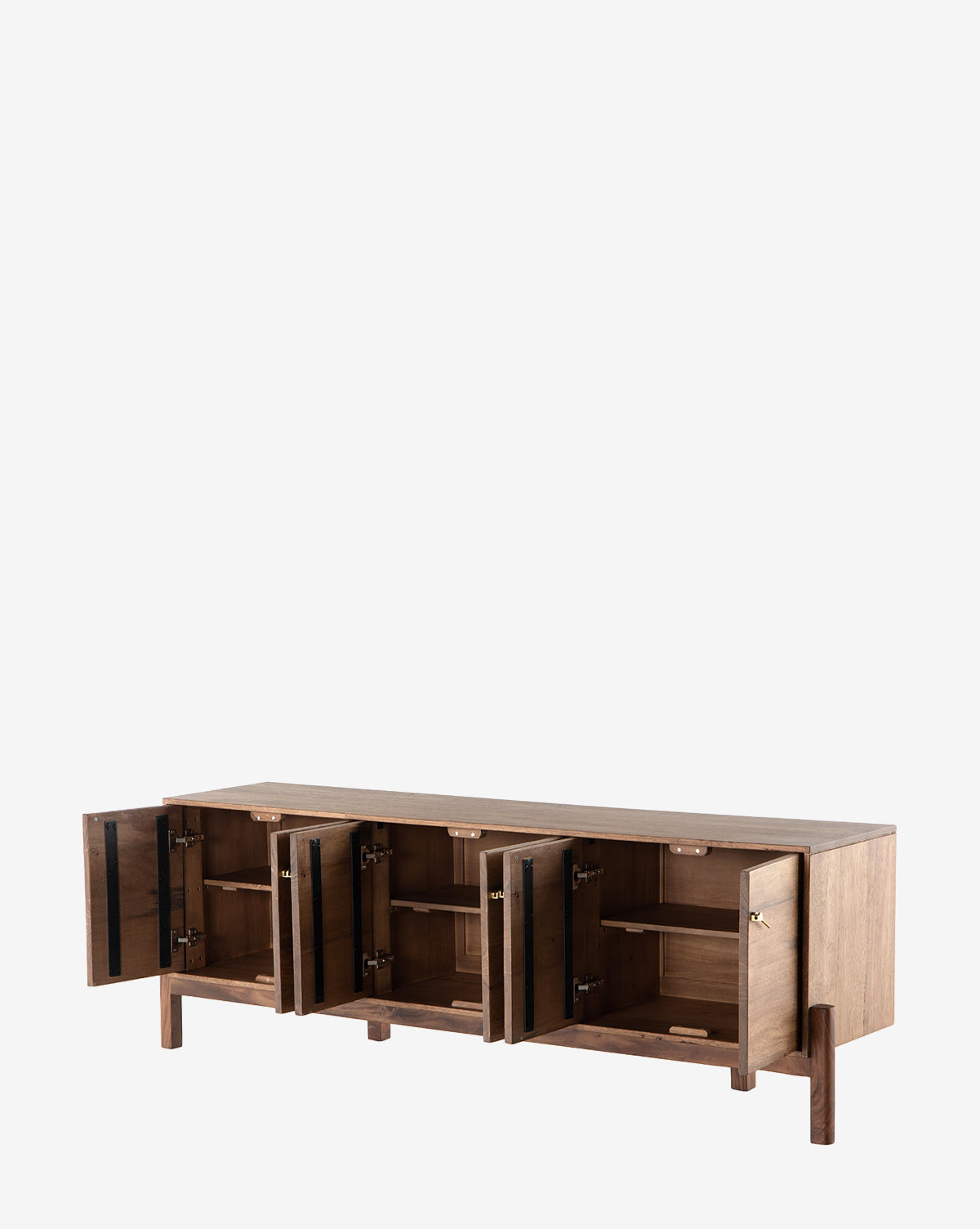 The Gustav Console is a minimalist, mid-century wooden piece with four cabinet doors that open to reveal shelves, ample storage, and smart media cord management, all set on short legs, by McGee & Co.