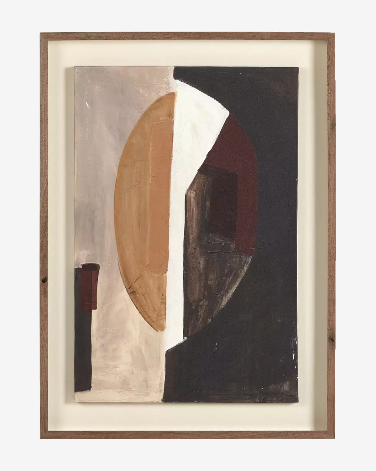 Half of Me by Amanda Ane: Abstract wall art with a large semicircle divided into warm browns and dark brown-black, geometric blocks on a neutral matte canvas, finished in a walnut wood frame, by McGee & Co.