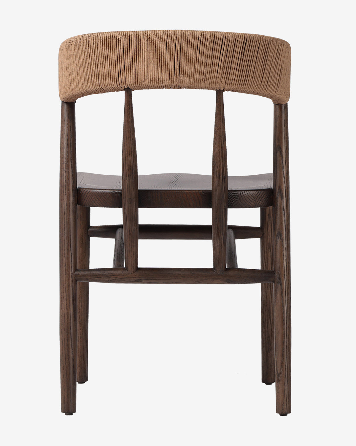 The Hallow Chair features a dark brown wooden frame, a curved backrest wrapped in light-colored woven material, and three vertical slats connecting the seat to the backrest, shown from the rear view, by McGee & Co.