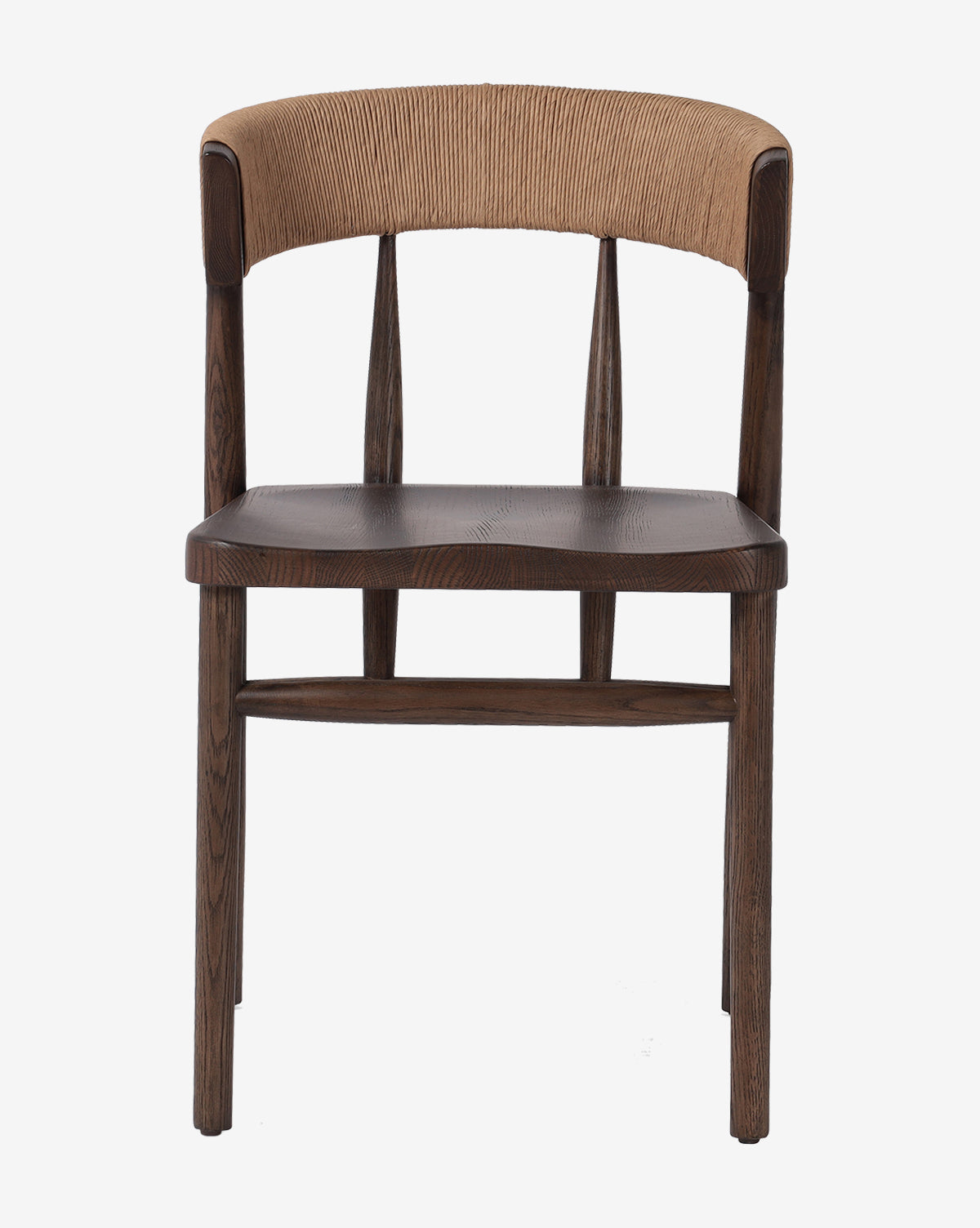 The Hallow Chair is a modern rustic dining chair with a curved, light brown woven backrest and dark wood seat and legs, shown from the front against a plain white background by McGee & Co.