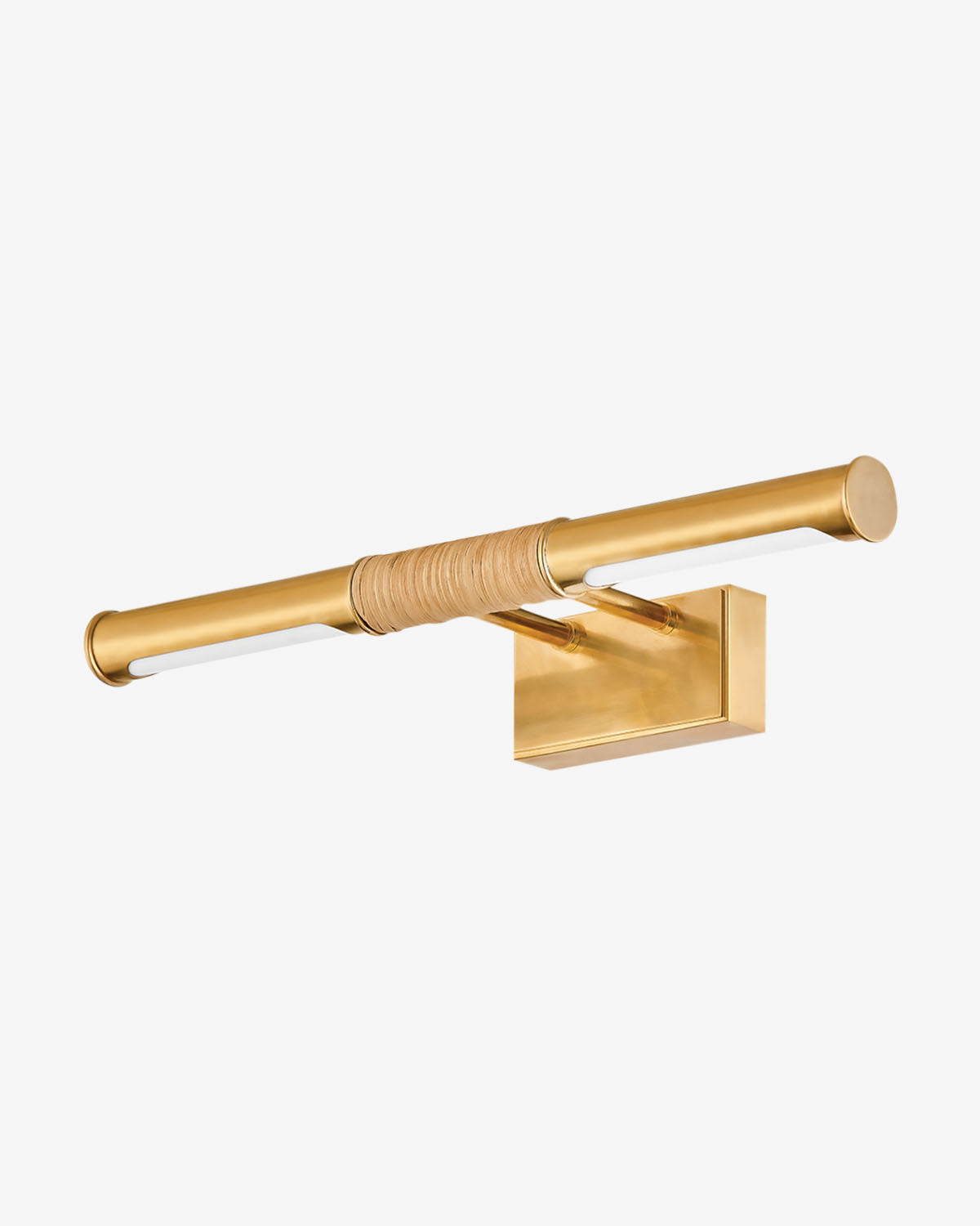 The Hallstead Picture Light by Hudson Valley Lighting features a gold-colored brass finish, cylindrical bar design with a central wrapped accent, and a rectangular base—ideal for illuminating hallways. McGee & Co.