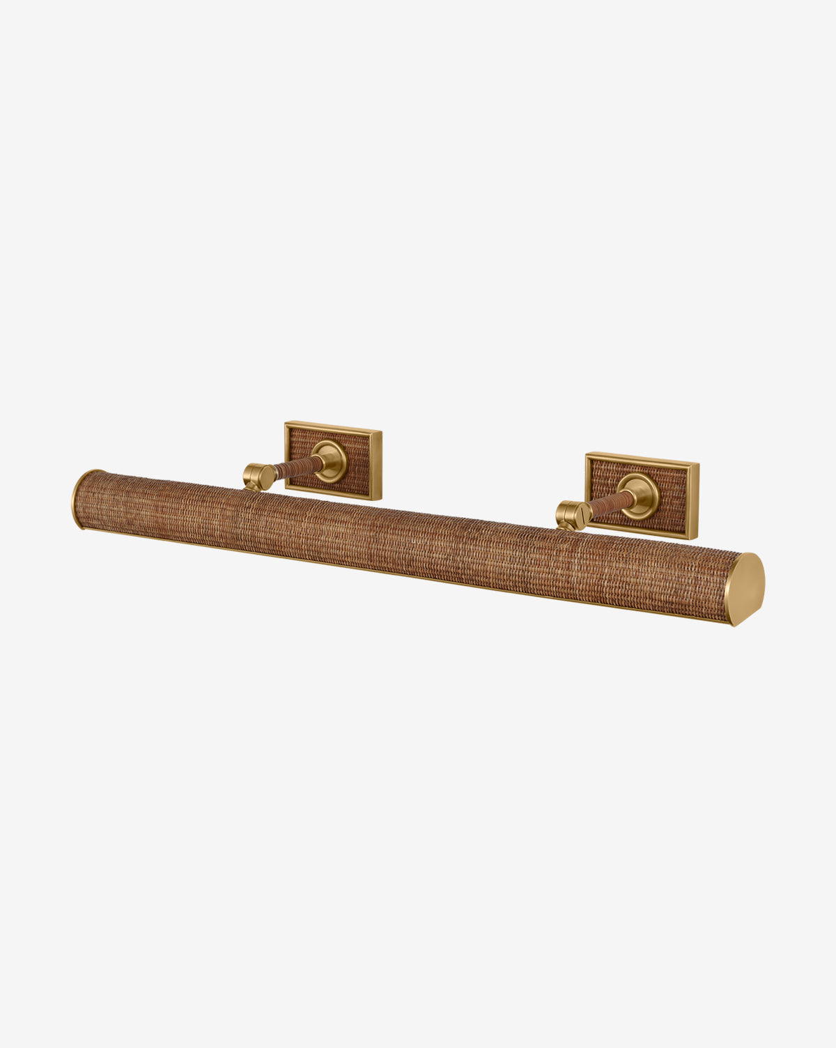 The Halwell Picture Light features brass and woven rattan with rectangular backplates, ideal for illuminating artwork, shown mounted on a white background by McGee & Co.