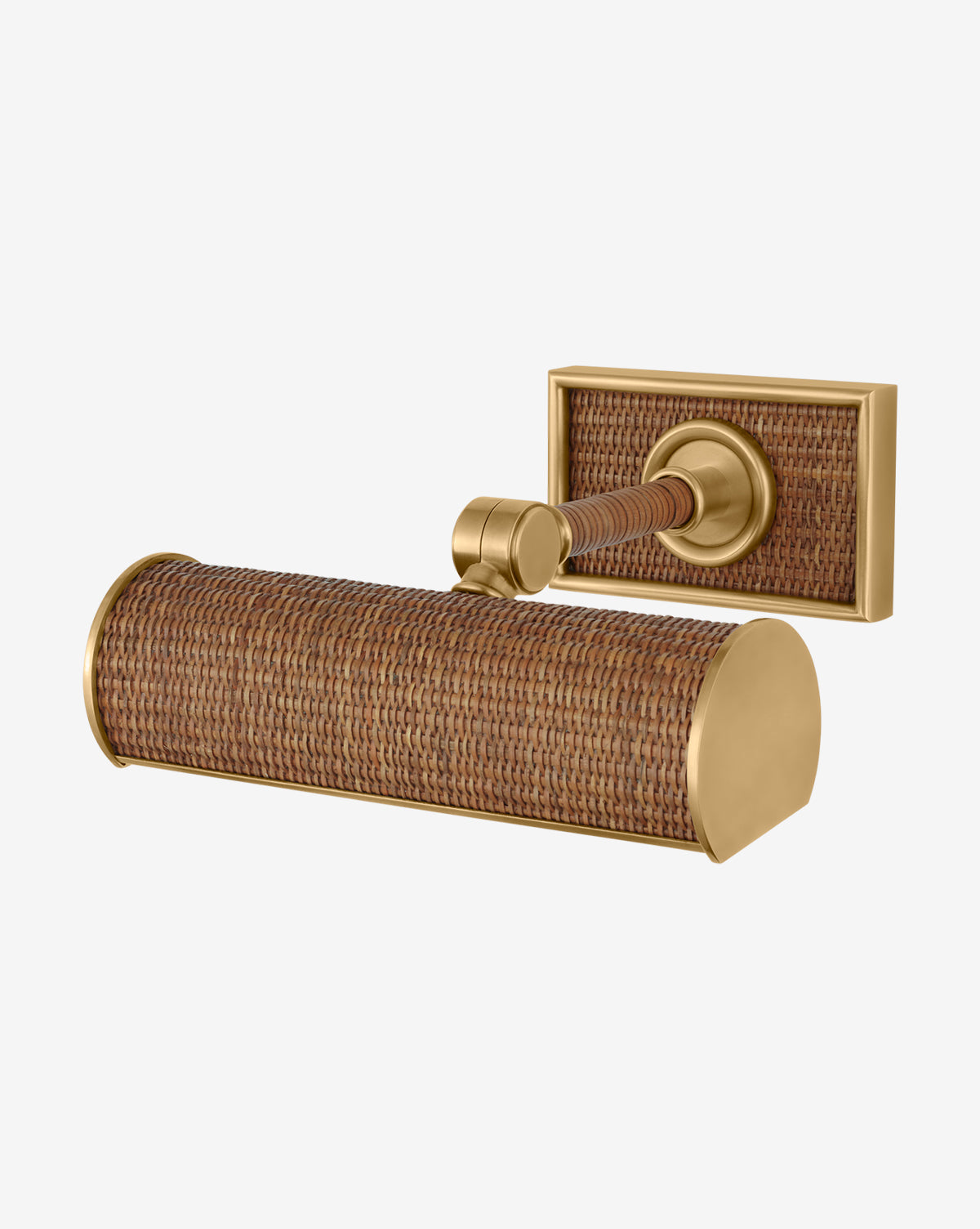 The Halwell Picture Light features a gold-tone finish and a textured, woven rattan brown pattern on both the light fixture and its rectangular wall mount, displayed against a plain white background, by McGee & Co.