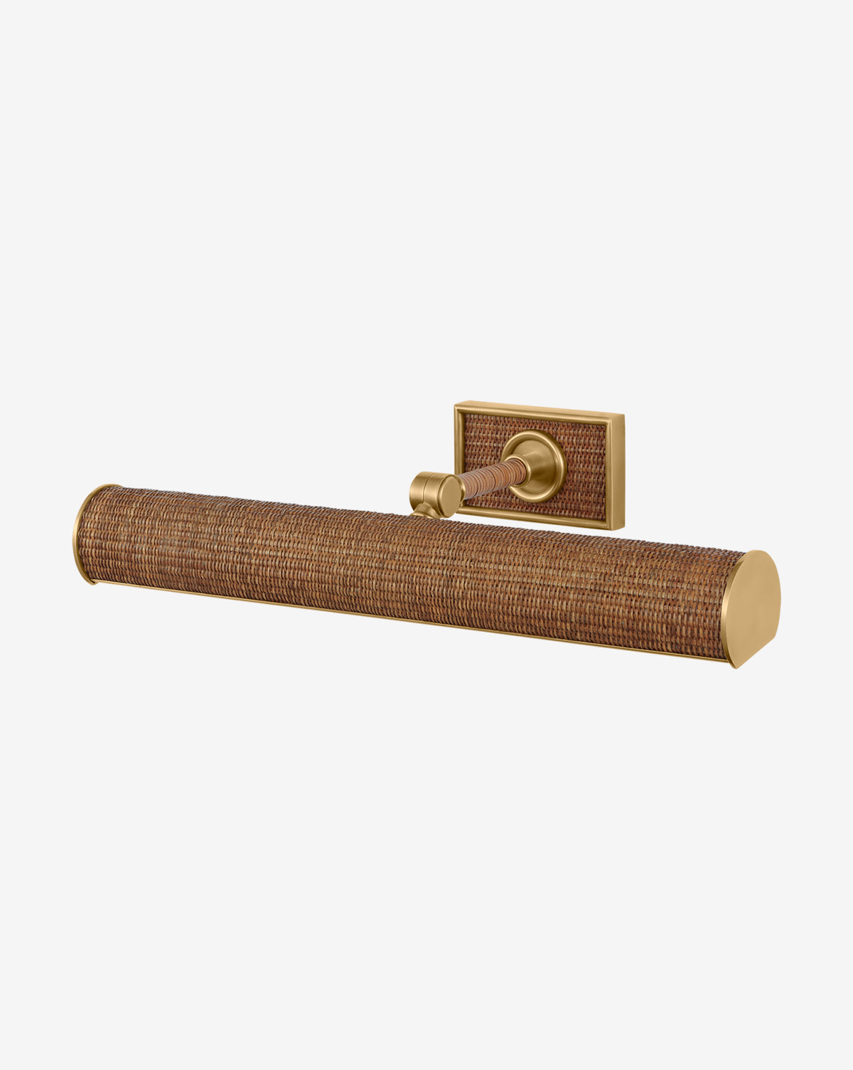 The Halwell Picture Light features a brass and woven rattan design with a rectangular base and cylindrical shade, wall-mounted for illuminating artwork, shown against a white background, by McGee & Co.