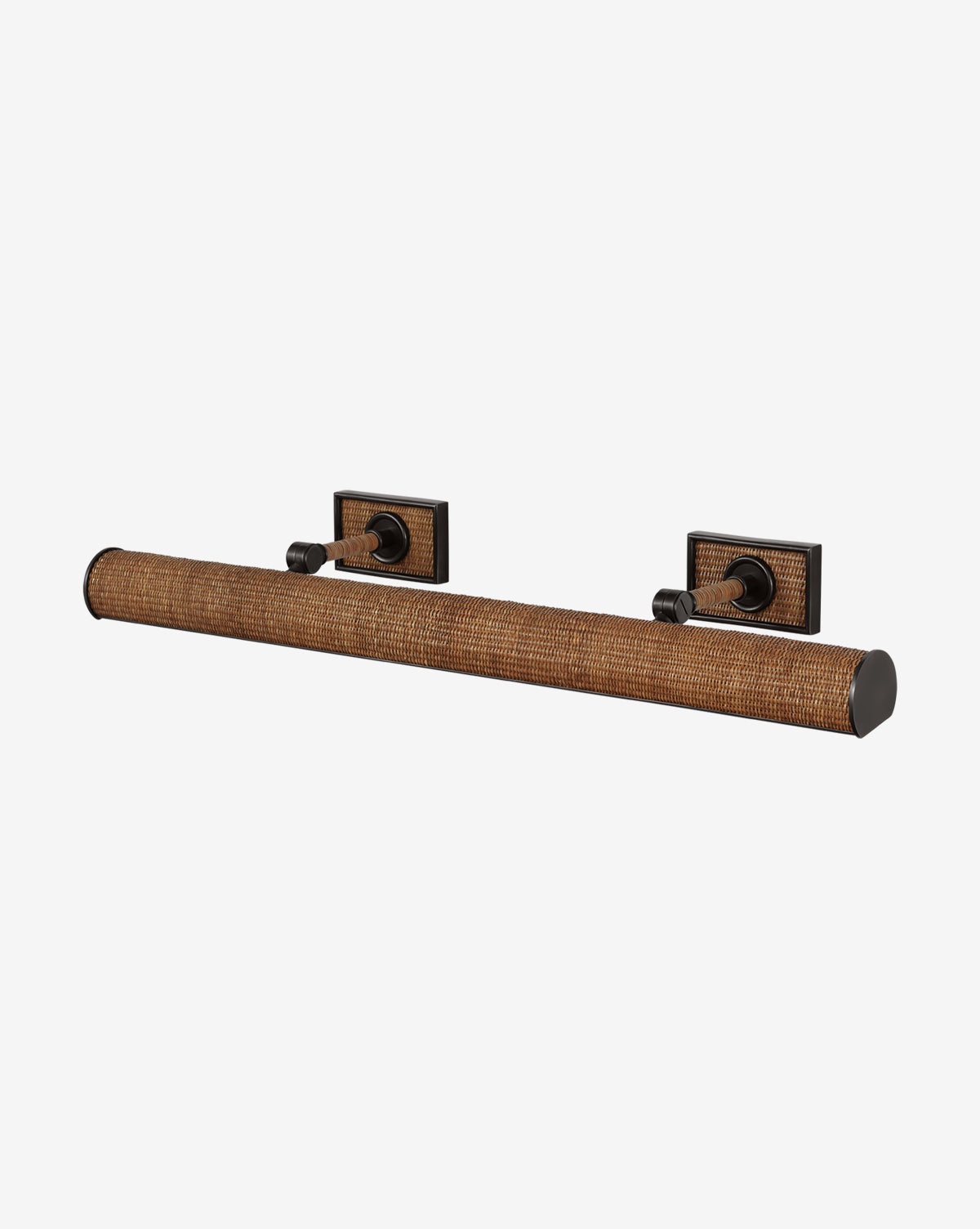 The Halwell Picture Light is a wall-mounted fixture with a long, cylindrical bronze-colored shade, two square backplates, a textured surface, and black end accents—ideal for illuminating artwork, by McGee & Co.